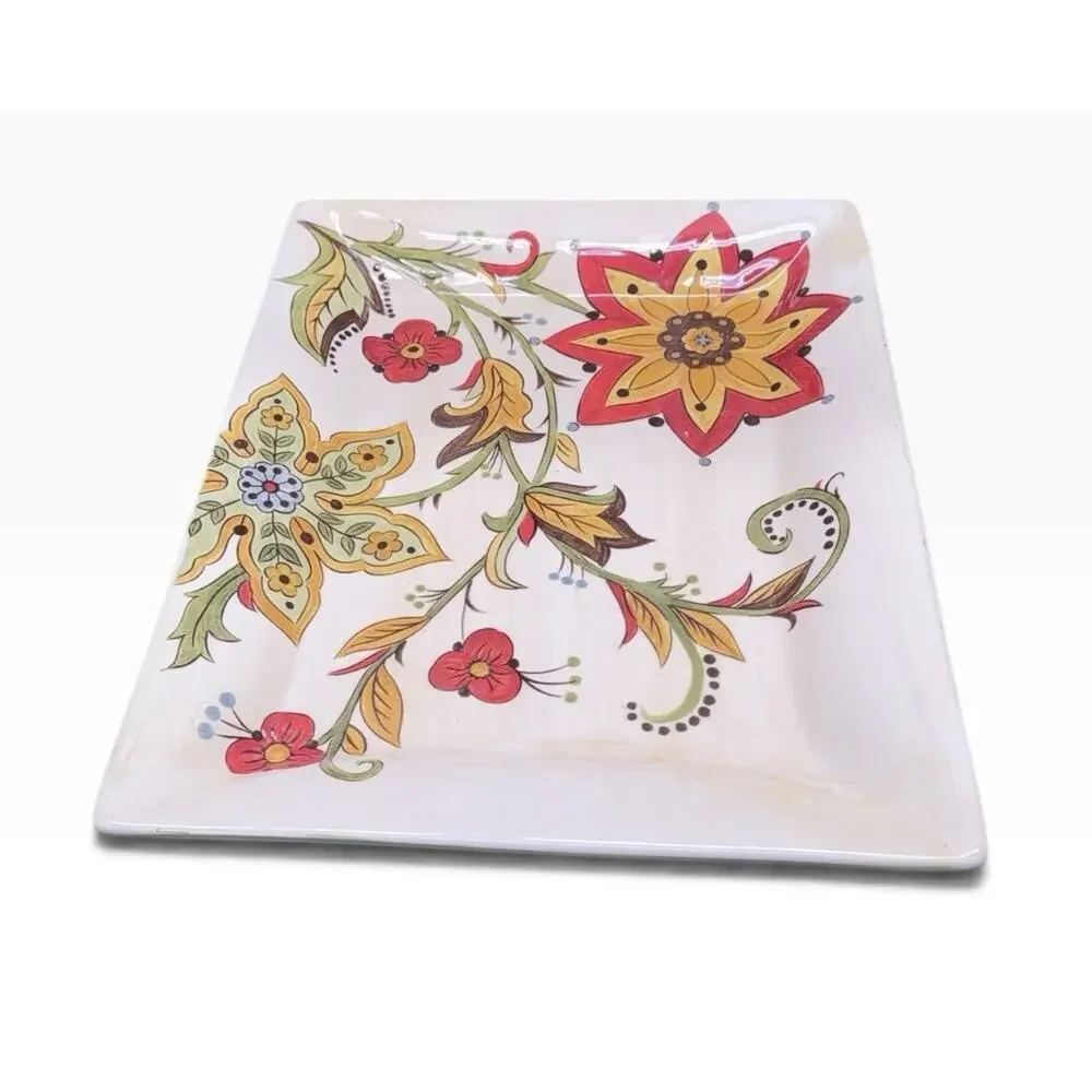 Pier 1 Carynthum 16” Rectangular Hand Painted Earthenware Floral Serving Plate